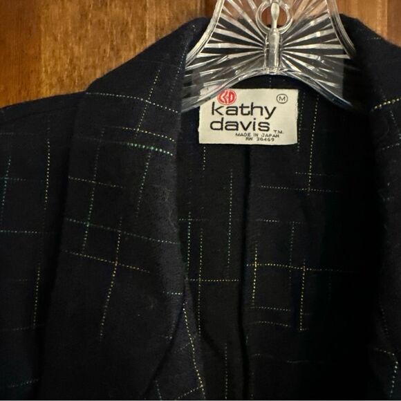 Kathy Davis Medium Navy Blue Yellow Green One Button Wool Blend Blazer - Picture 2 of 4